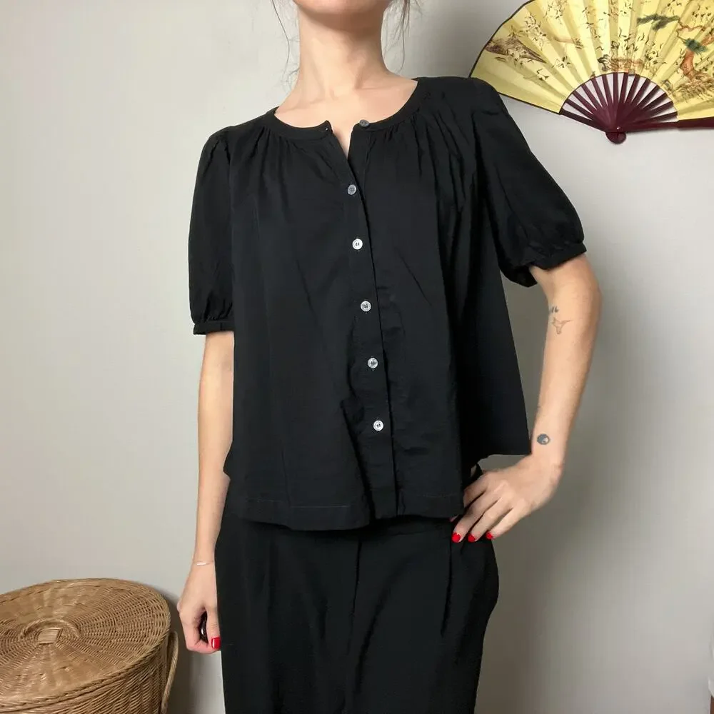 black minimalist puff sleeve boxy cotton button shirt blouse top